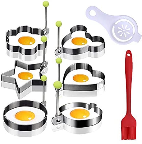 Ancuioyz 8-Teilige Omelettform Aus Edelstahl Mit Griff, Eierring, 6 Verschiedenen Formen, Eiweißabscheider, Silikonölbürste, Küchenwerkzeugen Zum Braten, Omelett, Pfannkuchen usw