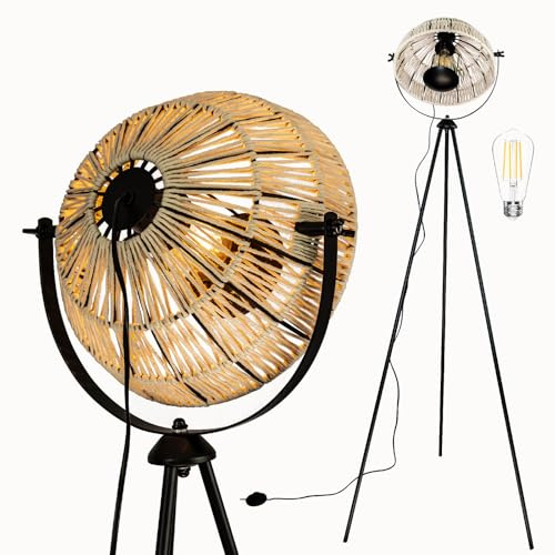 Osasy UK Studio Floor Lamp White Wood LED Floor Lights with Handmade Boho Shade,Modern Tripod Floor Lamp, Height Adjustable 70-164 cm, LED Standing Light