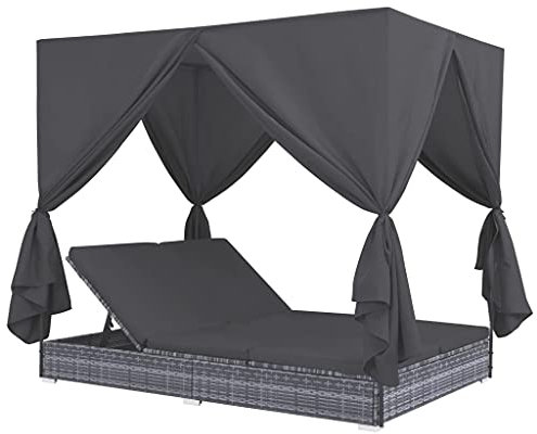 Schattierungsdesign,Bett mit Vorhängen,Poly Rattan,Garten Sofa Gartenliege,Lounge Liege Set Gartenmöbel,Terrassen,Outdoor-Lounge-Bett Poly Rattan Grau
