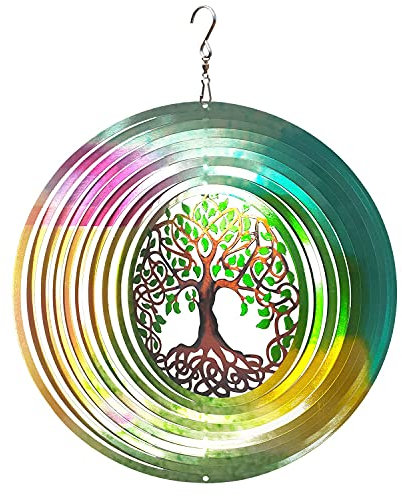 LJLIFART Windspiel Mandala Baum des Lebens, 30.5 cm, 3D-Edelstahl, lasergeschnitten, Metallkunst, geometrisches Muster, zum Aufhängen, kinetische Hofkunst-Dekorationen – Innen- und Außendekoration