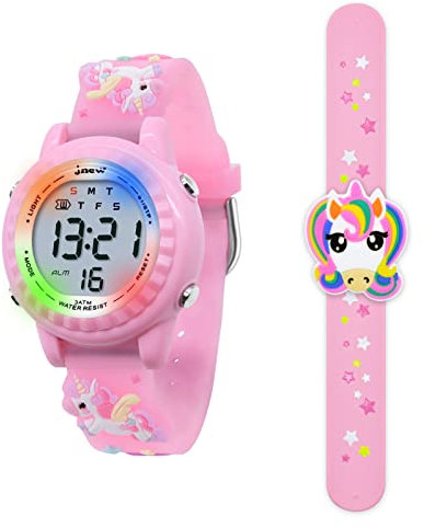 HMJIA 3D Cartoon Design Armbanduhr für Kinder Jungen und Mädchen 3ATM Wasserdicht Kinderuhr mit Wecker/Datum/Stoppuhr/LED (Rosa Einhorn)