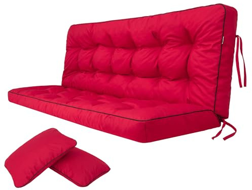 Bjird Bankauflage für Gartenbank, Polsterauflage für Hollywoodschaukel, Gartenschaukelkissen, Sitzkissen und Rückenkissen, gesteppt, inkl. 2 Seitenkissen, 140 x 49 x 56 cm - rot