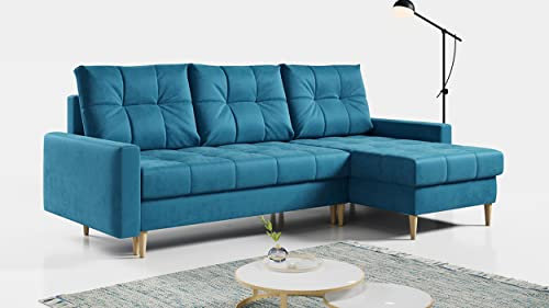 MKS MEBLE Ecksofa - L-Form Sofa mit Schlaffunktion - Wohnlandschaft L Form, Ecksofa mit Schlaffunktion und Bettkasten, Schlafsofa mit Bettkasten, Couch mit Schlaffunktion - Blau Astra