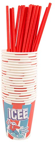 ICEE - Paquete de vasos y popotes de papel, 20 vasos de granizado ICEE y 20 pajitas de cartón. Producto oficial ICEE