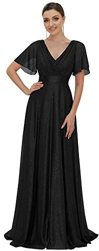 Ever-Pretty Robe Longue de Soiree Tulle Plissé Femme Manches Courtes Col V A Line Taille Empire Brillante Élégante EE50159