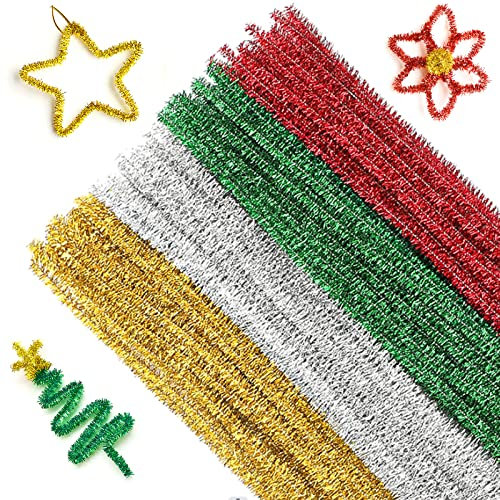 G2PLUS Glitzer Pfeifenreiniger 100 Stück Chenilledraht,6 MM * 30 cm, Ideal für DIY Craft Projekte, Weihnachtszierde Making - Bunt mit 4 Farben