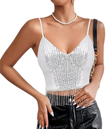 Naimo Top sin mangas con lentejuelas brillantes para mujer, cuello en V, camiseta sin mangas, chaleco brillante, camisola para fiesta, parte superior, Borla Plata, XXL