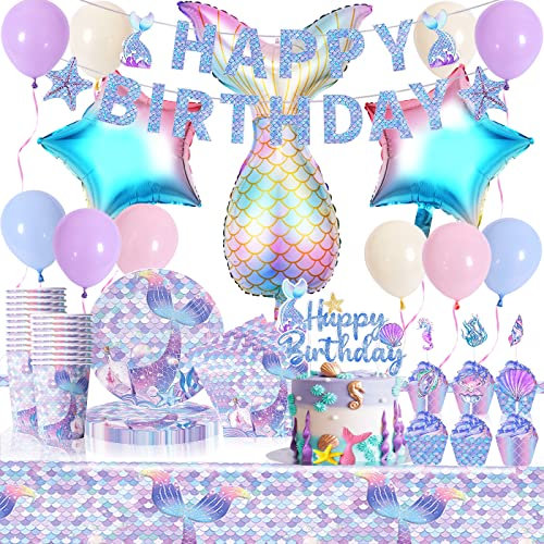 85Stk Dient für 20 Gäste Shamoparty Meerjungfrau-Partygeschirr Set, Partyzubehör für Mädchen Geburtstag Tischdeko Meerjungfrau[Teller, Tasse, Tischdecke, Ballon, Banner, KuchenTop]