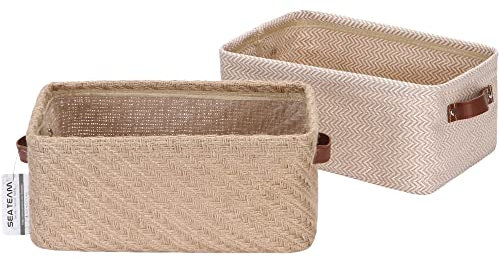 Sea Team 2 Pack Jute and Cotton Linen Small Storage Basket Cute Square Box for Toiletry Toy Sundry Item 7.8 Liters Desk Gadget Organizer (Style C)