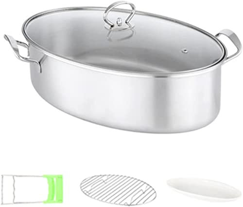 Pentola per Pesce al Vapore 8Qt Set Vaporiera Ovale per Pesce in Acciaio Inossidabile 304 con Griglia, Padella in Ceramica, Mandrino, Pentola per Pesce al Vapore, Zuppa Bollente, 2 Colori,Argento