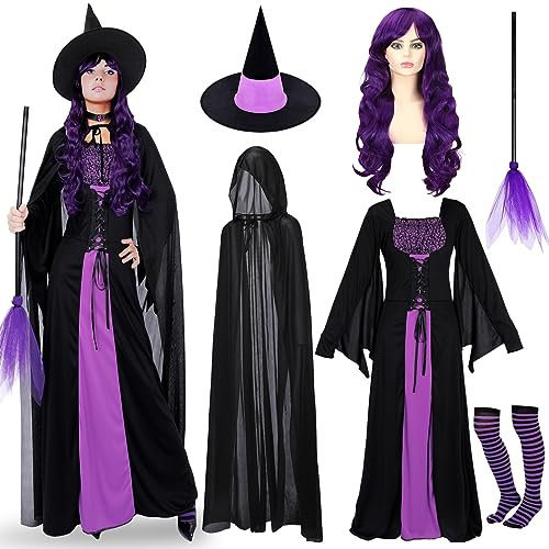 Hercicy 7 Pcs Halloween Witch Costume Women Hood Cloak Dress Choker Broom Striped High Socks Wizard Hat Wig for Adult Women (Small)