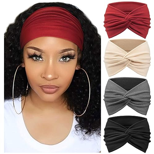 DRESHOW 4 Stück Damen Stirnband Elastische Weiche Stirnbänder Kopfband Haarband Kopf Wickeln Niedlich Haarschmuck für Alltag Yoga Sport Fitness