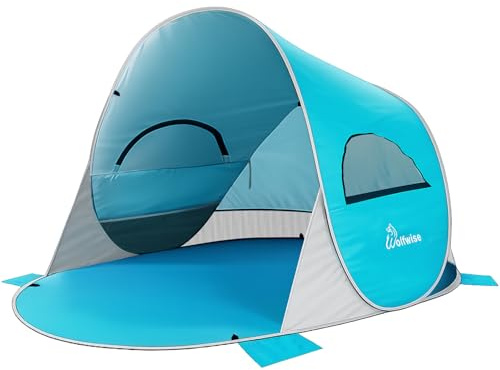 Wolfwise Pop Up Strandmuschel für 4 Personen, Sofort Aufbau, UV-Schutz 50+, Wasserabweisend, Belüftetes Anti-Riss Strandzelt mit Sandtaschen, 240x165x135CM (95 ×65×53 IN), Blau