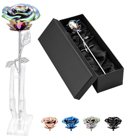Rose Flower Keepsake Urns for Human Ashes Memorial Urn Locket Long Stem Colourful Roseflower Cremation Urns Funeral Urn for Pet Cat Dog Ashes Roseflower Ornaments (Rainbow Silver)