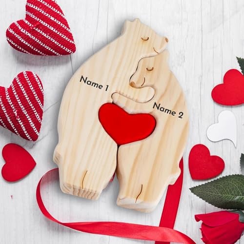 KuSONG Personalisiertes Holzkunstpuzzle der Bärenfamilie mit Namen, Holz Bär Puzzle Bärenbrüder Skulpturen Ornament für Zuhause Personalisiert Familie Geschenk Ideen für Eltern Familie (Families of 2)