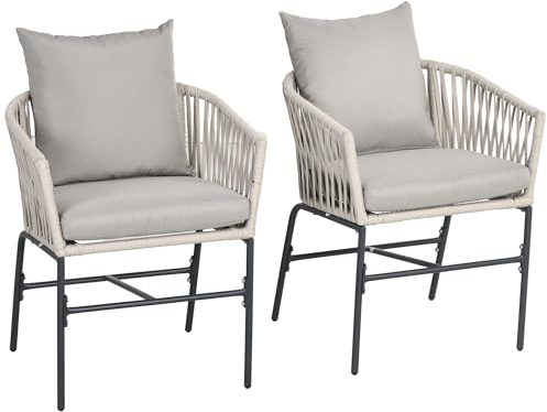 Outsunny Set 2 Sedie da Giardino in Stile Boho con Rivestimento in Corda e Cuscini Imbottiti, Poltroncine per Giardino, Terrazza e Balcone, Grigio