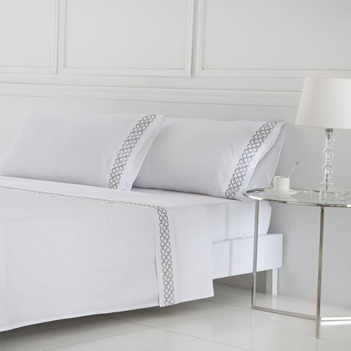 Mendi Bettwäsche-Set, 200 x 200 cm, Saten, ägyptische Baumwolle, Fadendichte 400, bestickt, weißer Hintergrund mit grauer Stickerei, Set für Bett 200 x 190/200 cm + 2 Kissenbezüge + Spannbettlaken 200
