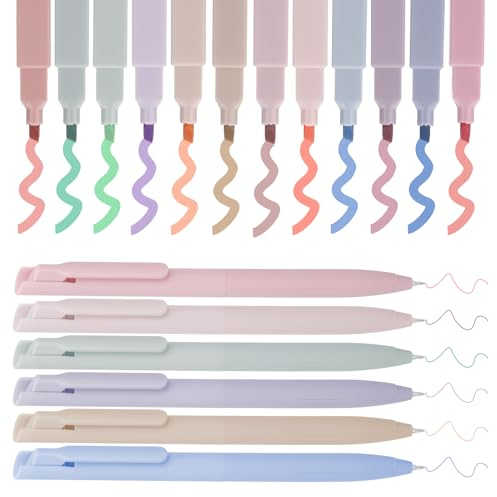 Partideal 12 Textmarker Pastell Set with 6 Aesthetic Gelstifte 0,5mm, Ästhetische Textmarker Assorted Farben Pastell Set, No Bleed Dry Fast Highlighter Pastell Assorted Farben