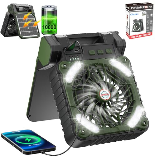 Portable Camping Fan with Light - Dual Power Options: Battery and Solar - 10000mAh Rechargeable, Ideal Table Fan | Personal Fan for Tents, Home, and Outdoor Adventures - Stay Cool Anywhere (Green)