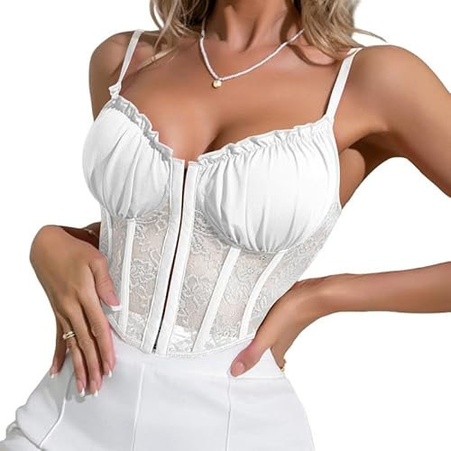 Haibang Top da Donna in Pizzo Canotta Donna Estiva Sexy Slim Fit Corsetto con Spalline Sottili Senza Maniche Fronte Aperto Disossato Crop Top Bustier Elegante Canottiera Sottogiacca Mode Clubwear