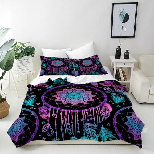 ANHOPE Boho Traumfänger Feder Mond Bettwäsche Set Microfaser Bettbezüge mit Reißverschluss 3 Teilig Bettbezug 200x220 cm + 2 Kissenbezug 80x80 cm Weich Ganzjahres Bettdeckenbezug Set