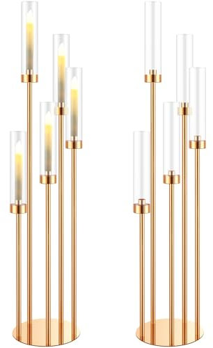 Tessco Kerzenständer mit 5 Armen, für Tische, 107 cm hoch, Kerzenständer aus Metall mit Acryl-Lampenschirm, für Hochzeit, Urlaub, Geburtstag, Weihnachten, Party-Dekoration (Gold, 2er-Set)