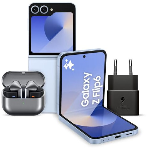 SAMSUNG Galaxy Z Flip6 Smartphone AI Pieghevole, Caricatore Incluso, RAM 12GB, 256GB, Display 3,4 Super AMOLED/6,7 Dynamic AMOLED 2X, Blue + Galaxy Buds3 Pro Silver Auricolari in-ear, 2024