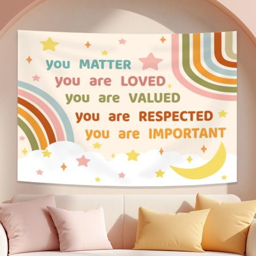 WEBEEDY Regenbogen Positive Zitate Tapisserie Baby-Dusch-Kulisse Tuch Mond Sterne Wolken Fotografie Kulissen Motivierende Worte Wandteppich Cartoon Kunst Wandbehang Für Schlafzimmer Dekor 1.5x1.3m