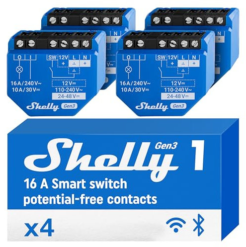 Shelly 1 Gen3 | WLAN Smart-Schalter-Relais mit Potentialfreie Kontakte | Lichtschalter | Hausautomation | Kompatibel mit Alexa & Google Home | iOS Android App | Kein Hub erforderlich (4 Stück)