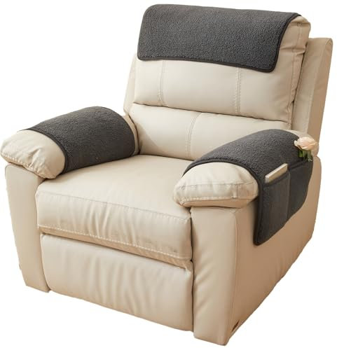 Sofa Armlehnenbezüge, Sesselschoner Sesselauflage, Fernsehsessel Schutzbezug Anti-Rutsch, Sesselauflage mit Armlehnen und Taschen für Zuhause mit Kindern und Haustieren Hund (Schwarz grau,3 Sitzer)