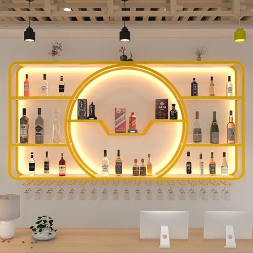 Casier à vin mural avec support pour verres à vin, étagère de bar, étagères flottantes, lumières LED, affichage de bouteilles d'alcool, étagères de rangement suspendues – Organiseur de cave à vin de