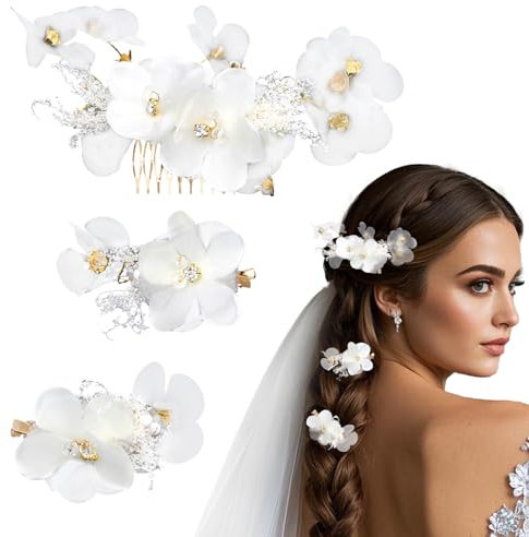Axvxby 3-teiliges Haarschmuck Set, Hochzeit Haarschmuck Set, Blumen Hochzeitsschmuck, weiß Braut Haarkamm und Haarklammer