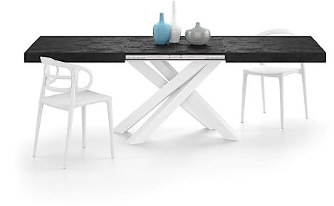 Moderner ausziehbarer Esstisch mit Tischplatte in Betonoptik und weißen gekreuzten Beinen, hergestellt in Italien, 160 x 90 cm