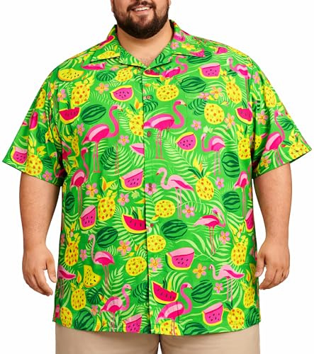King Kameha Hawaii Hemd Männer Plus Size - Funky Hawaiihemd Herren Kurzarm mit Flamingo-Melonen Print - Ideal für Urlaub & Strand