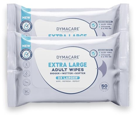 Dymacare Extra Large & Thick Adult Body Wipes – Hypoallergenic, Fragrance-Free, Skin-Friendly with Vitamin E & Pro-B5 – Travel & Gym Essential, Rinse-Free Shower Wipes for Adults (2 Packs, 100 count)