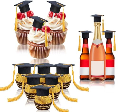 12 Pièces Noir Cake Topper Graduation, Chapeau Remise de Diplôme Décoration de Gâteau avec Glands Dorés, Mini Décoration Bouteille de Vin Decoration Gâteau, Deco Gâteau pour Fête Remise des Diplômes