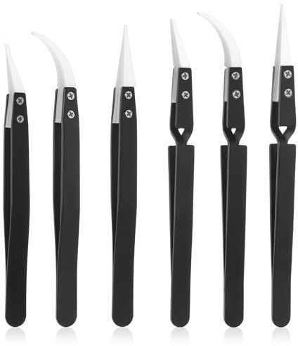 6 Pcs Precision Reverse Ceramic Tweezers Black Non-Conductive Solder Tweezer Anti-Magnetic Pointed & Curved Tips Heat-resistant Tweezer Set for Solder Pinching Coils