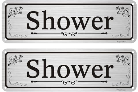Phyabe 2 Pack Shower Sign, 25 x 8 cm, Aluminum, Self-Adhesive, Silver | Shower Area Notice Rust Free Aluminum Sign, Weather Resistant, Waterproof, Durable Ink, Pre-Drilled Holes, Easy to Install