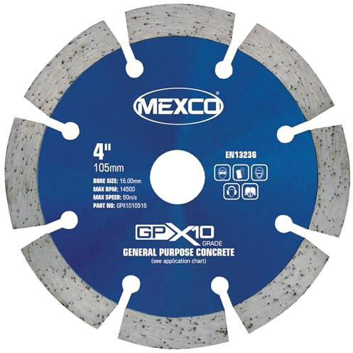 Mexco GPX10 General Purpose Concrete Diamond Blade, Cutting Disc for Non-Abrasive Building Materials - 105mm, 10mm Segment Height, 16mm Bore