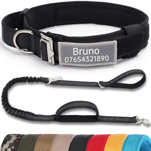 SEOUGEE Tactical Dog Collar Personalised with Handle and Leash Set, Soft Padded Dog Collars with Custom Reflective Name Patch, Pet Collars with Portable Buckle for Medium Large Dogs (Black Set, XL)