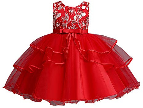 Vestito Bambina Elegante Cerimonia Senza Maniche Abito Cerimonia Bambina Estivo Sposa Tulle Abiti da Sera Chiffon Vestiti Eleganti da Matrimonio Ragazza Abiti da Damigella per (Red, 2-3 Years)