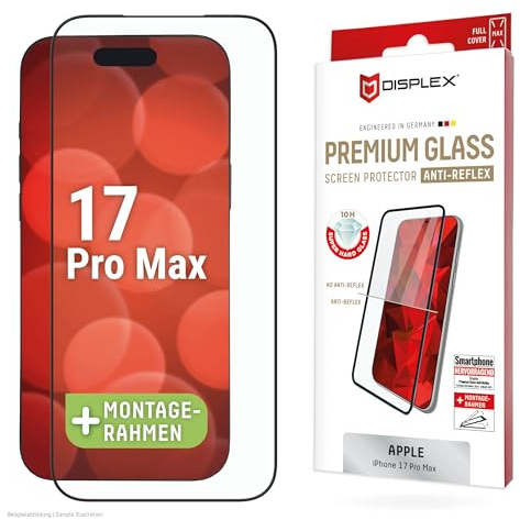 Schutzglas für iPhone 17 Pro Max (10H), Edge-to-Edge, Eco-Montagerahmen AR | DISPLEX Premium Glass, maximale Abdeckung, schwarzer Rand, 10H Panzerglas, Bruchschutz, kratzfest, kristallklar, Anti-Shock