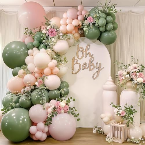 Kit Arche Ballon Vert Sauge, Ballon Rose Pastel, Beige, Blanc Nacré | Ballon Anniversaire Vert pour Baby Shower, Baptême Fille, Gender Reveal, Mariage Champêtre, Anniversaire Fille