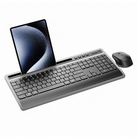 Jectse 2.4GHz Silent Keyboard Mouse Set, Ergonomic Wireless Keyboard Mouse Combo with Tablet Holder, Multimedia Control, Adjustable DPI, Plug and Play, for OS X, for Wins