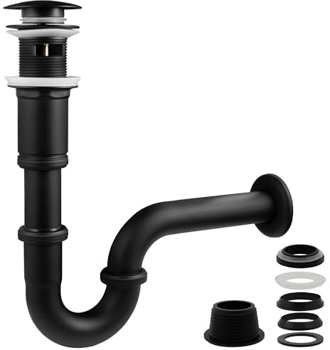 VANCOCO Waschbecken Ablaufgarnitur mit Überlauf (Schwarz), Universal Siphon Waschbecken mit Pop-up Ablaufventil, Waschtisch Ablaufgarnitur aus Messing