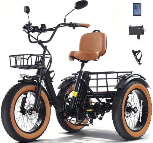 KAKIGO Elektro-Dreirad Für Erwachsene,Fat Tires Elektro-Dreirad,250W Motor,95 Nm,48V 18/10.4Ah Akku,20 Km/h, Vorder-&Hinterkorb,Differenzial,90/50Km Reichweite,Differential