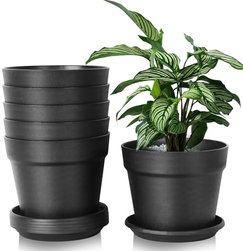 KUOGAS 6 vasi per fiori in plastica, con sottovaso, 20 cm, con diversi fori di drenaggio, vasi rotondi per interni e balconi, cactus succosi (20 cm)