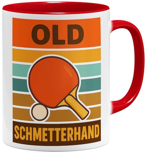 OM3® lustige Tischtennis Kaffee-Tasse mit Spruch - Old Schmetterhand - für Tischtennisspieler & Vereinskollegen - Keramik Becher - 325ml - Beidseitig Bedruckt - Rot