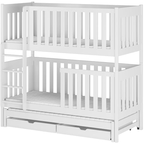 Dreifaches Kinderetagenbett EMILKA 90x180 Weiß aus Naturholz, universelle Leiter
