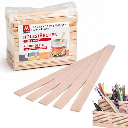 Metrie Holzstäbe zum Basteln - Natur | 25,8 cm - 500 Stück | 258 x 16 x 3,2 mm | Holzleisten, Holzspatel aus Hainbuchenholz für Modellbau, Deko, Floristik & DIY | Holz | Hergestellt in der EU